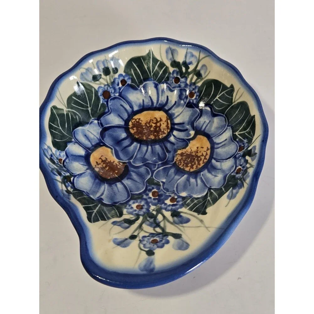 Polish Pottery Boleslawiec UNIKAT Hand Painted Blue Floral Scalloped Bowl 5.5